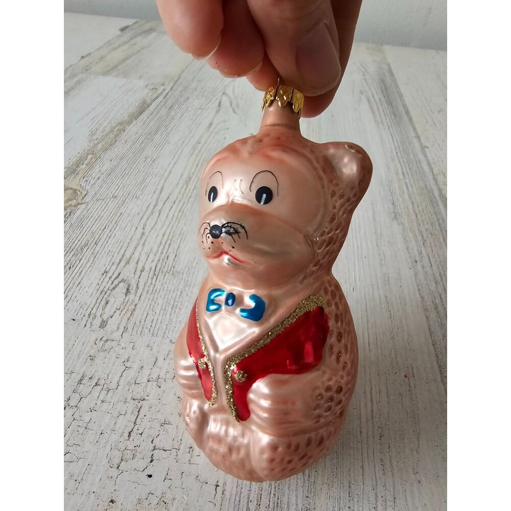 Vintage Columbia Glass Bear Mercury ornament glitter pink Xmas tree circus